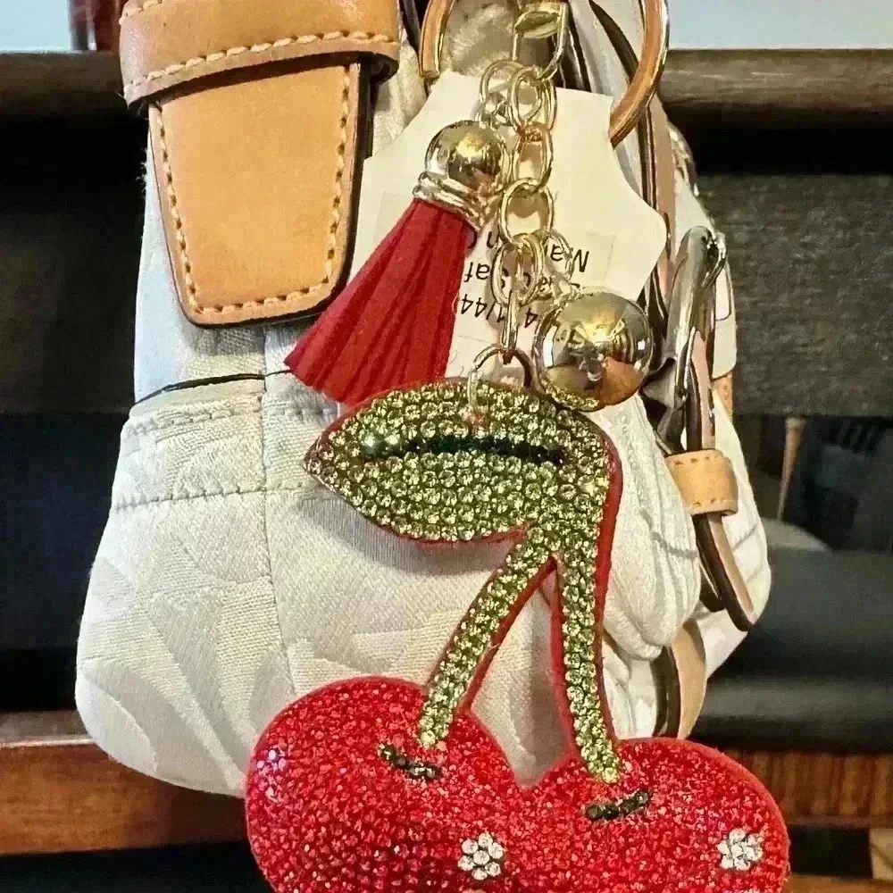 NWT Red Cherry Bag Charm or Keychain Ring Stainless Steel Flat Gem Cherries…